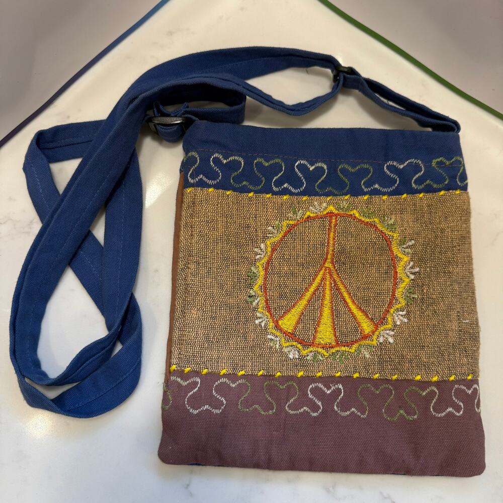 Blue Sky Embroidered Patchwork Peace Sign Crossbody‎ Purse Boho Hippie Festival